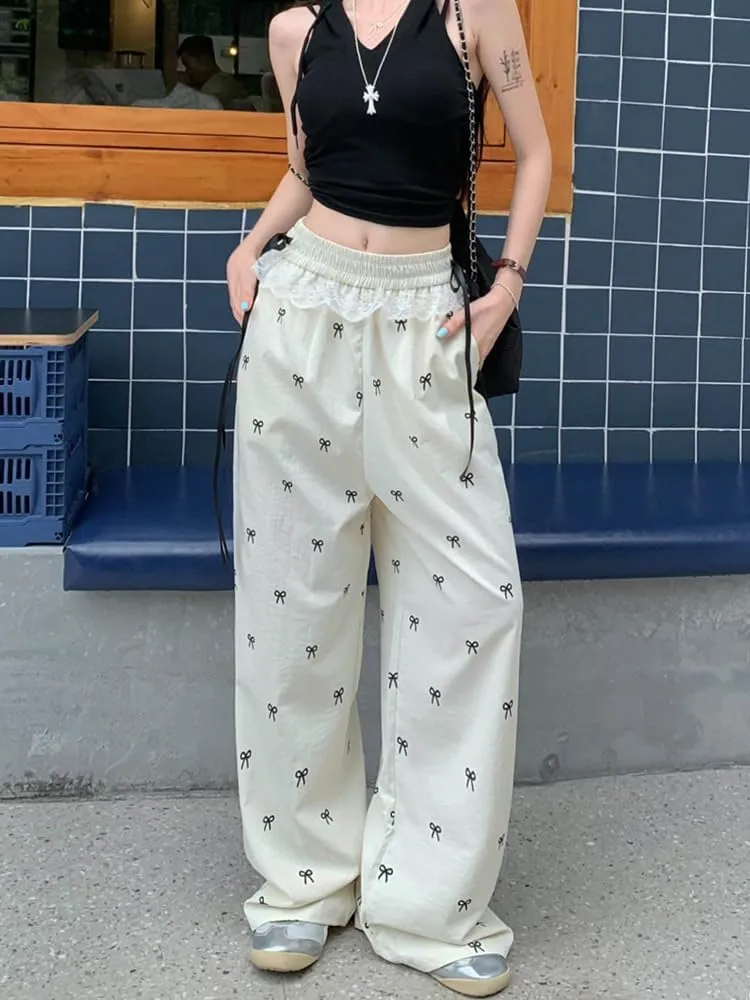 PDLCVD Y2K Wide Leg Pants Women High Waisted Lounge Palazzo Pants Bow Print Lace Trim Elastic Waist Trouser with Pockets