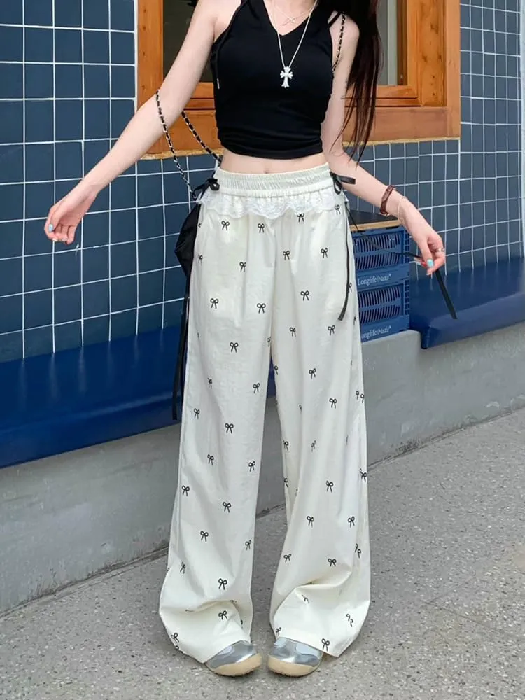 PDLCVD Y2K Wide Leg Pants Women High Waisted Lounge Palazzo Pants Bow Print Lace Trim Elastic Waist Trouser with Pockets