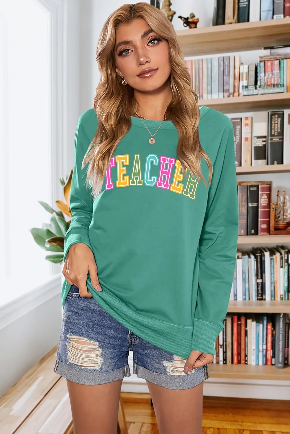 PECHAR Teacher Sweatshirt for Women: Colorful Teacher Crewneck Sweatshirt Teach Long Sleeve Pullover Shirt Tops