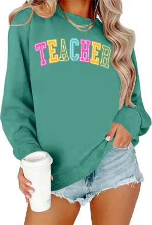 PECHAR Teacher Sweatshirt for Women: Colorful Teacher Crewneck Sweatshirt Teach Long Sleeve Pullover Shirt Tops