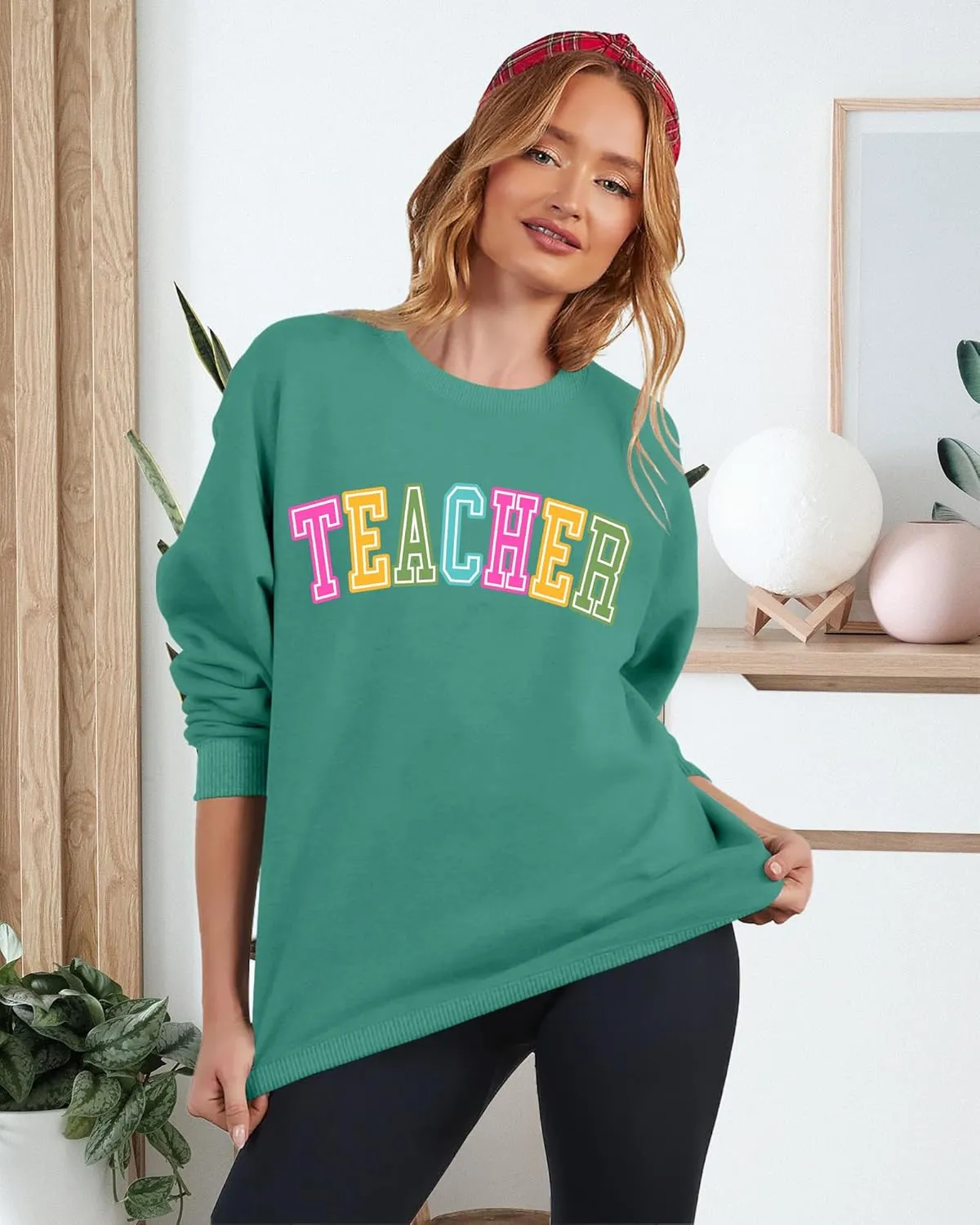 PECHAR Teacher Sweatshirt for Women: Colorful Teacher Crewneck Sweatshirt Teach Long Sleeve Pullover Shirt Tops