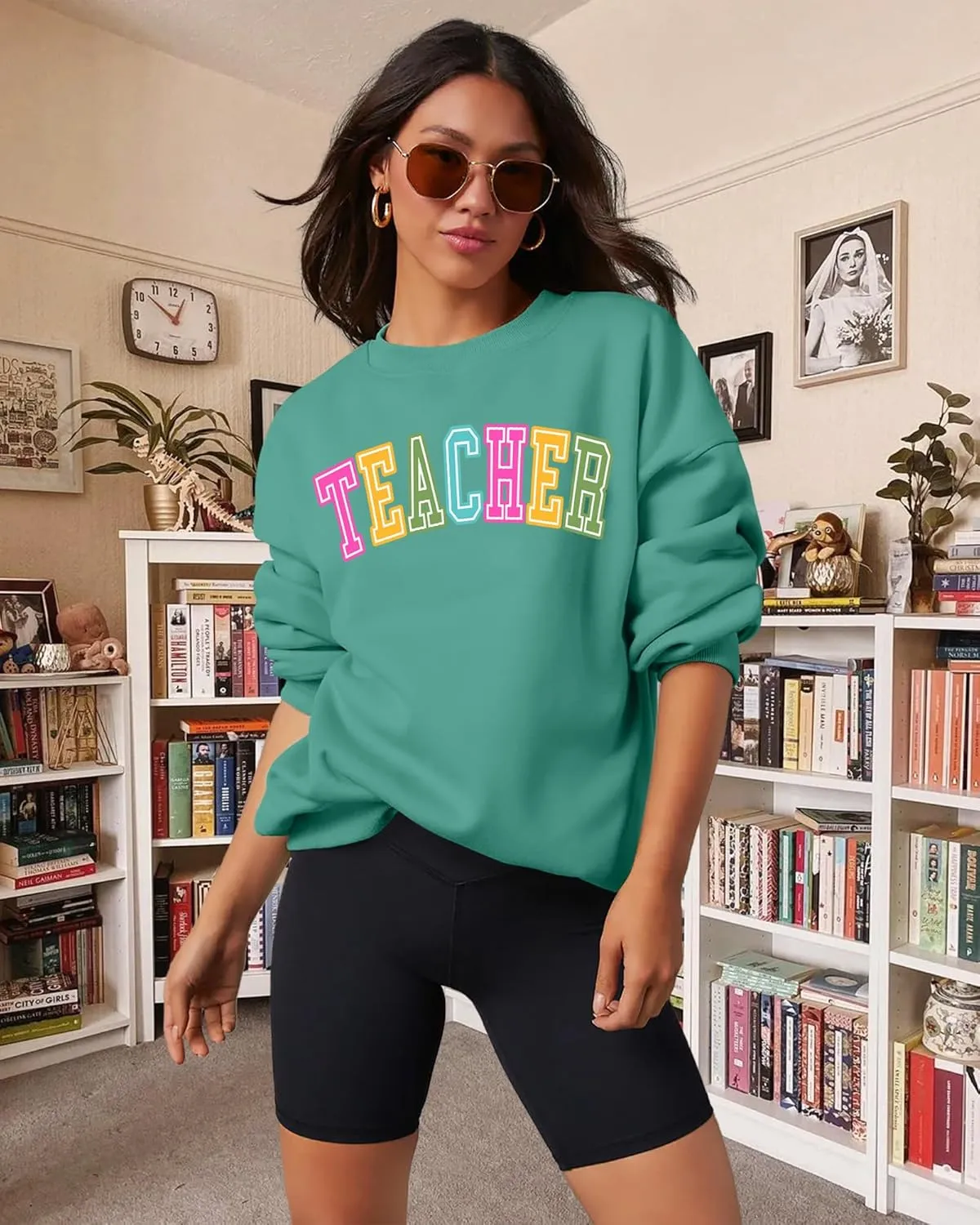 PECHAR Teacher Sweatshirt for Women: Colorful Teacher Crewneck Sweatshirt Teach Long Sleeve Pullover Shirt Tops