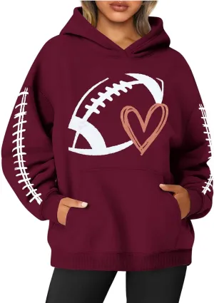 PETYCZEN Hoodies for Women Funny Football Graphic Oversized Sweatshirt Long Sleeve Game Day Rugby Drawstring Pullover Tops