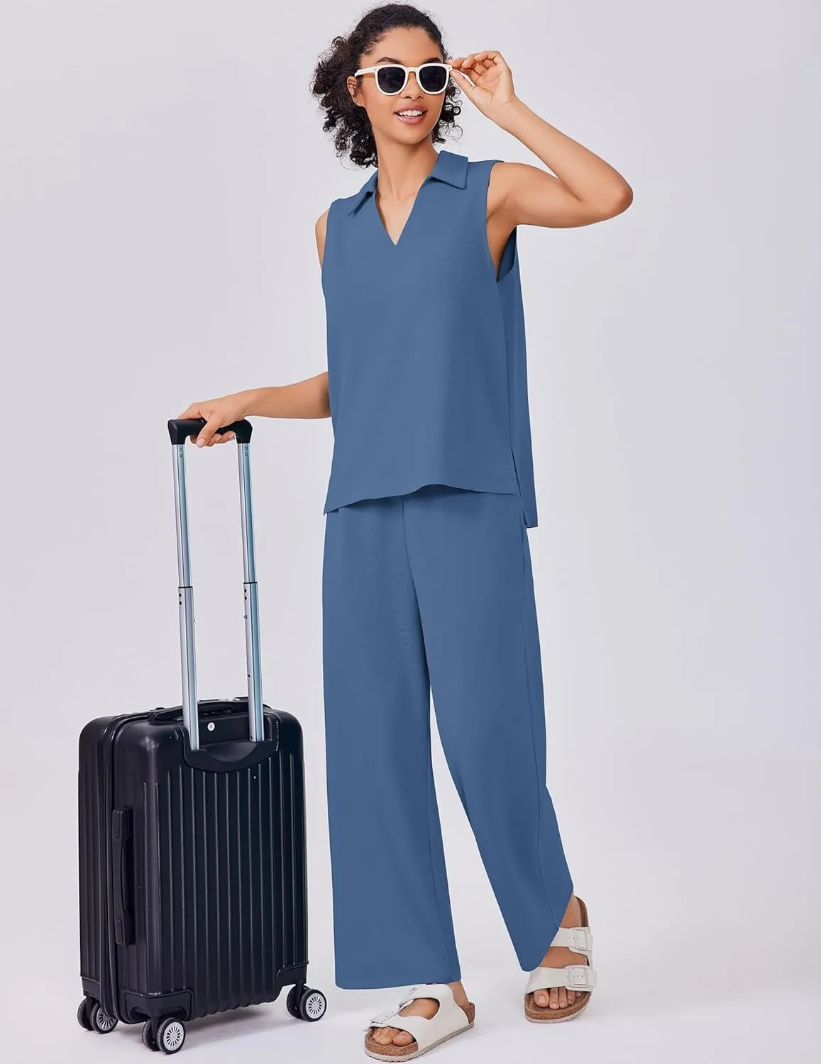PINSPARK Two Piece Sets for Women Sleeveless Outfits Travel Tracksuit V Neck Top Wide Leg Pant Lounge Sets 2025 Summer