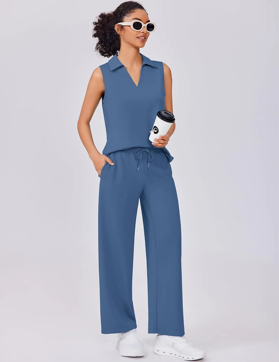 PINSPARK Two Piece Sets for Women Sleeveless Outfits Travel Tracksuit V Neck Top Wide Leg Pant Lounge Sets 2025 Summer