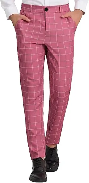 Plaid Pants for Men Skinny Slim Fit Stretch Flat Front Dress Pants Business Casual Tapered Chinos Checked Trousers