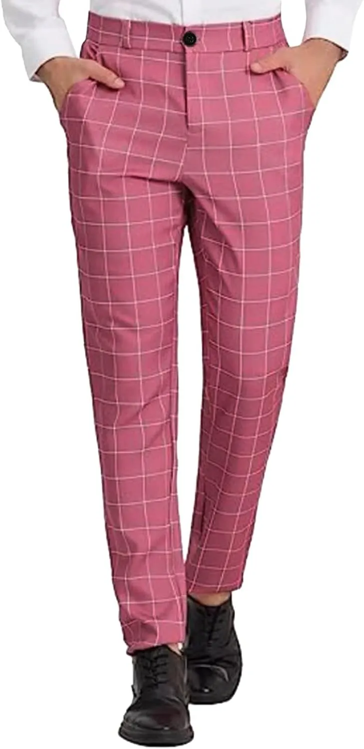 Plaid Pants for Men Skinny Slim Fit Stretch Flat Front Dress Pants Business Casual Tapered Chinos Checked Trousers