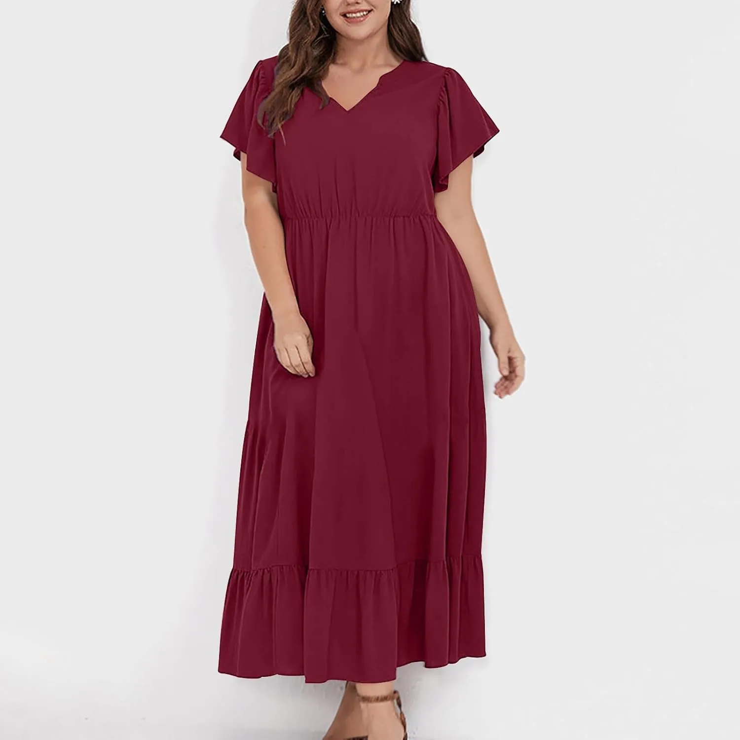 Plus Size Dresses for Curvy Women with Pockets Ruffle Sleeve Womens Midi Wedding Guest Flowy A Line Dress Summer