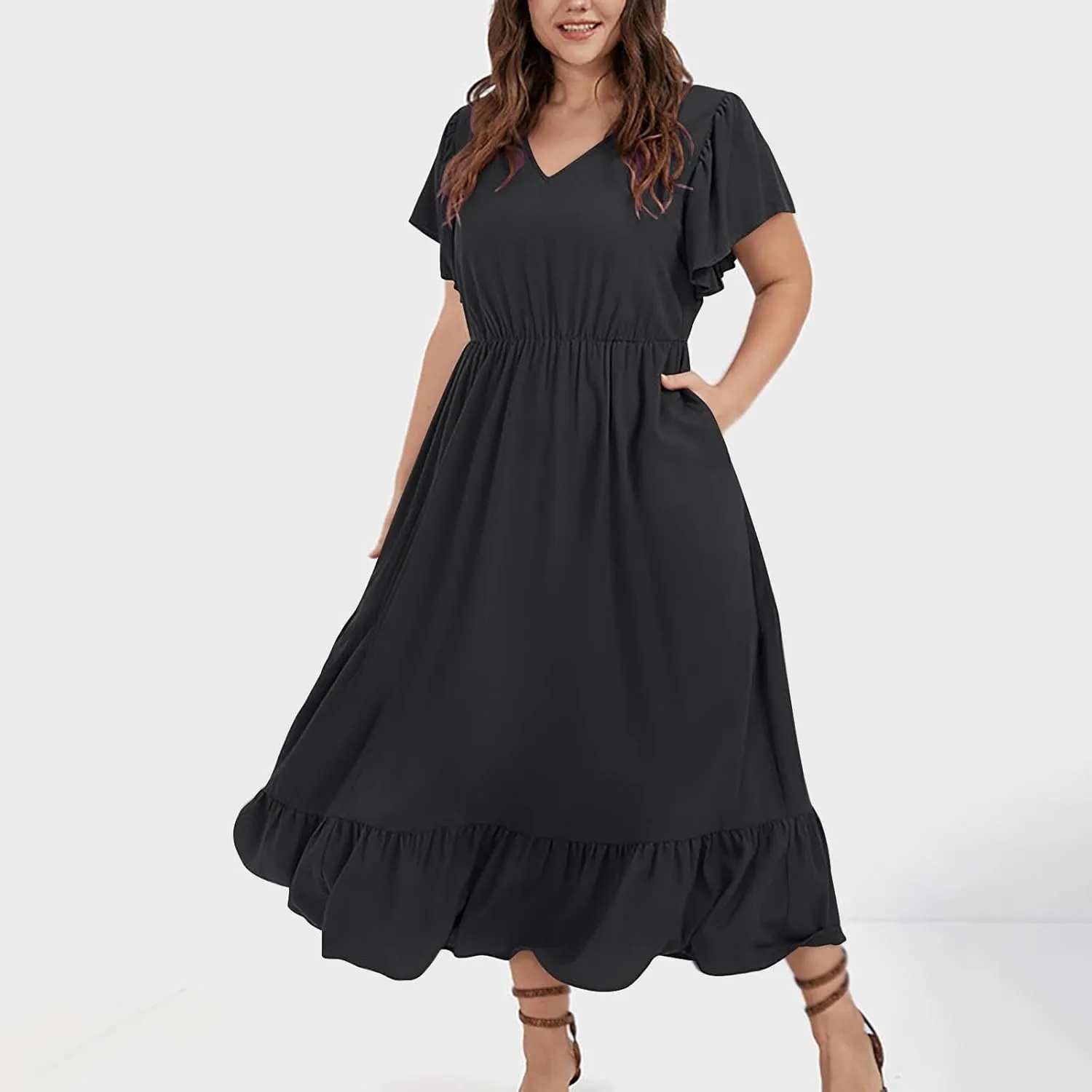 Plus Size Dresses for Curvy Women with Pockets Ruffle Sleeve Womens Midi Wedding Guest Flowy A Line Dress Summer