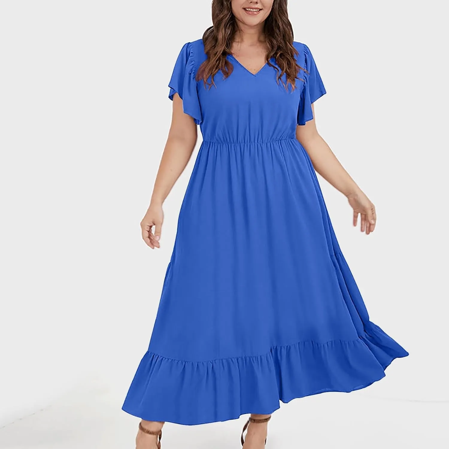 Plus Size Dresses for Curvy Women with Pockets Ruffle Sleeve Womens Midi Wedding Guest Flowy A Line Dress Summer