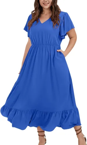 Plus Size Dresses for Curvy Women with Pockets Ruffle Sleeve Womens Midi Wedding Guest Flowy A Line Dress Summer