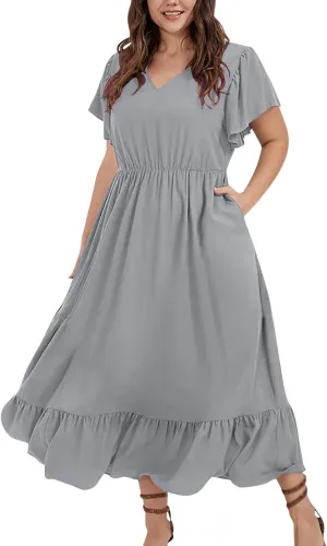 Plus Size Dresses for Curvy Women with Pockets Ruffle Sleeve Womens Midi Wedding Guest Flowy A Line Dress Summer