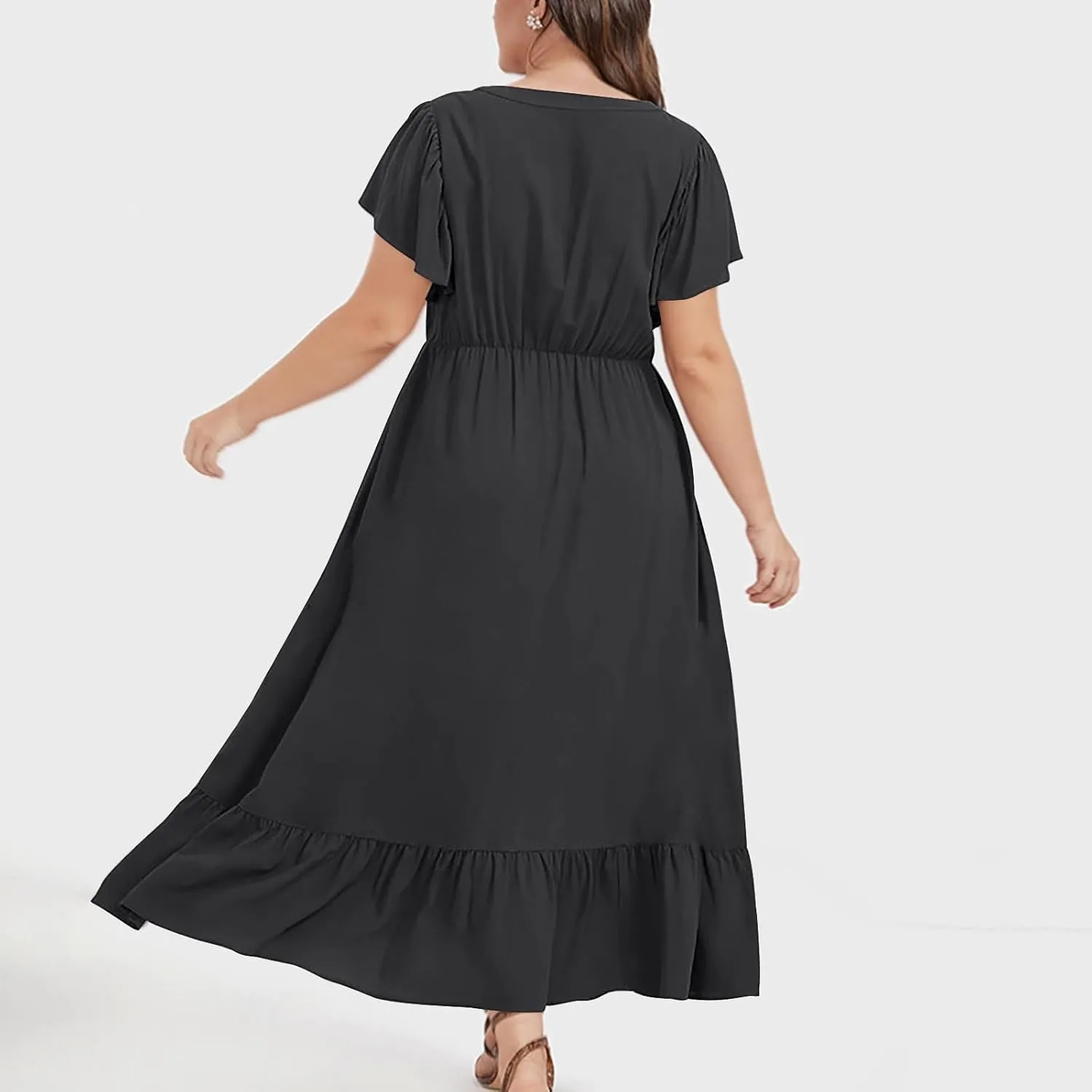 Plus Size Dresses for Curvy Women with Pockets Ruffle Sleeve Womens Midi Wedding Guest Flowy A Line Dress Summer