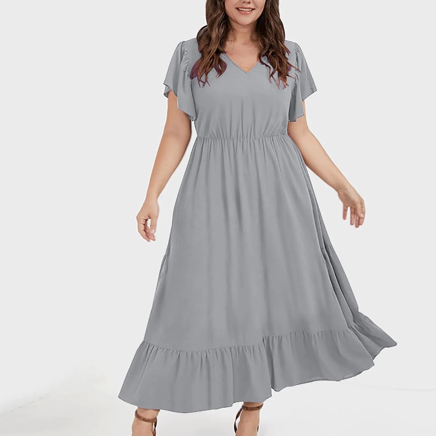 Plus Size Dresses for Curvy Women with Pockets Ruffle Sleeve Womens Midi Wedding Guest Flowy A Line Dress Summer