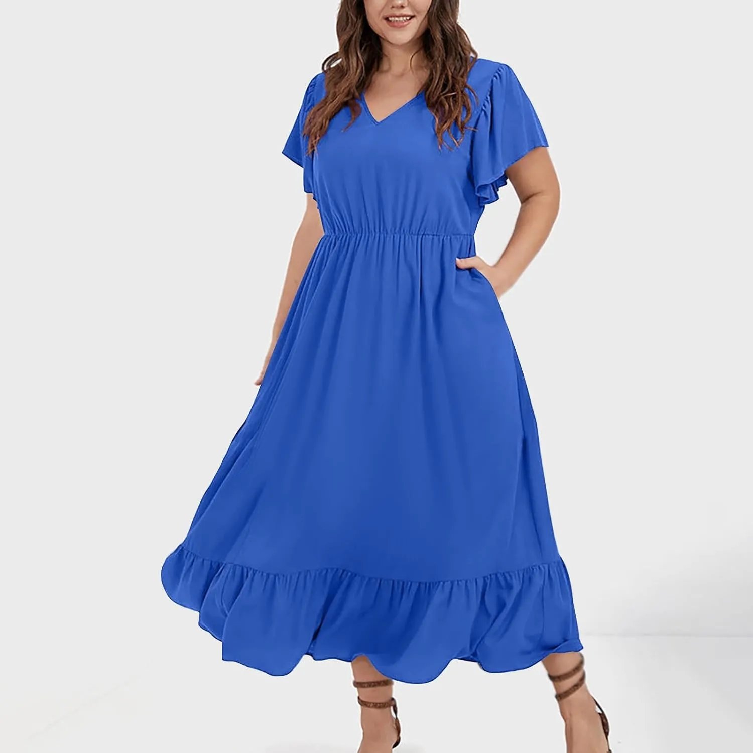 Plus Size Dresses for Curvy Women with Pockets Ruffle Sleeve Womens Midi Wedding Guest Flowy A Line Dress Summer