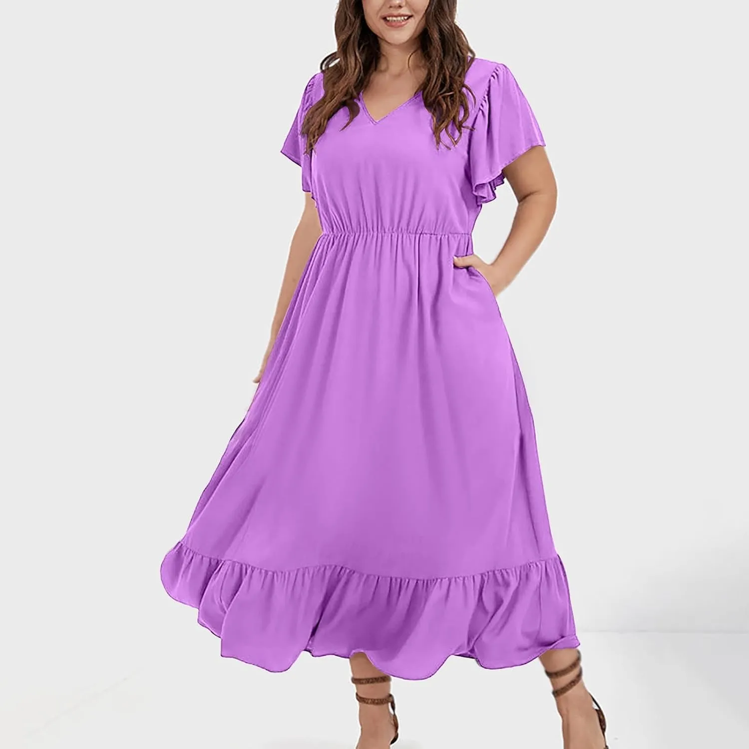 Plus Size Dresses for Curvy Women with Pockets Ruffle Sleeve Womens Midi Wedding Guest Flowy A Line Dress Summer