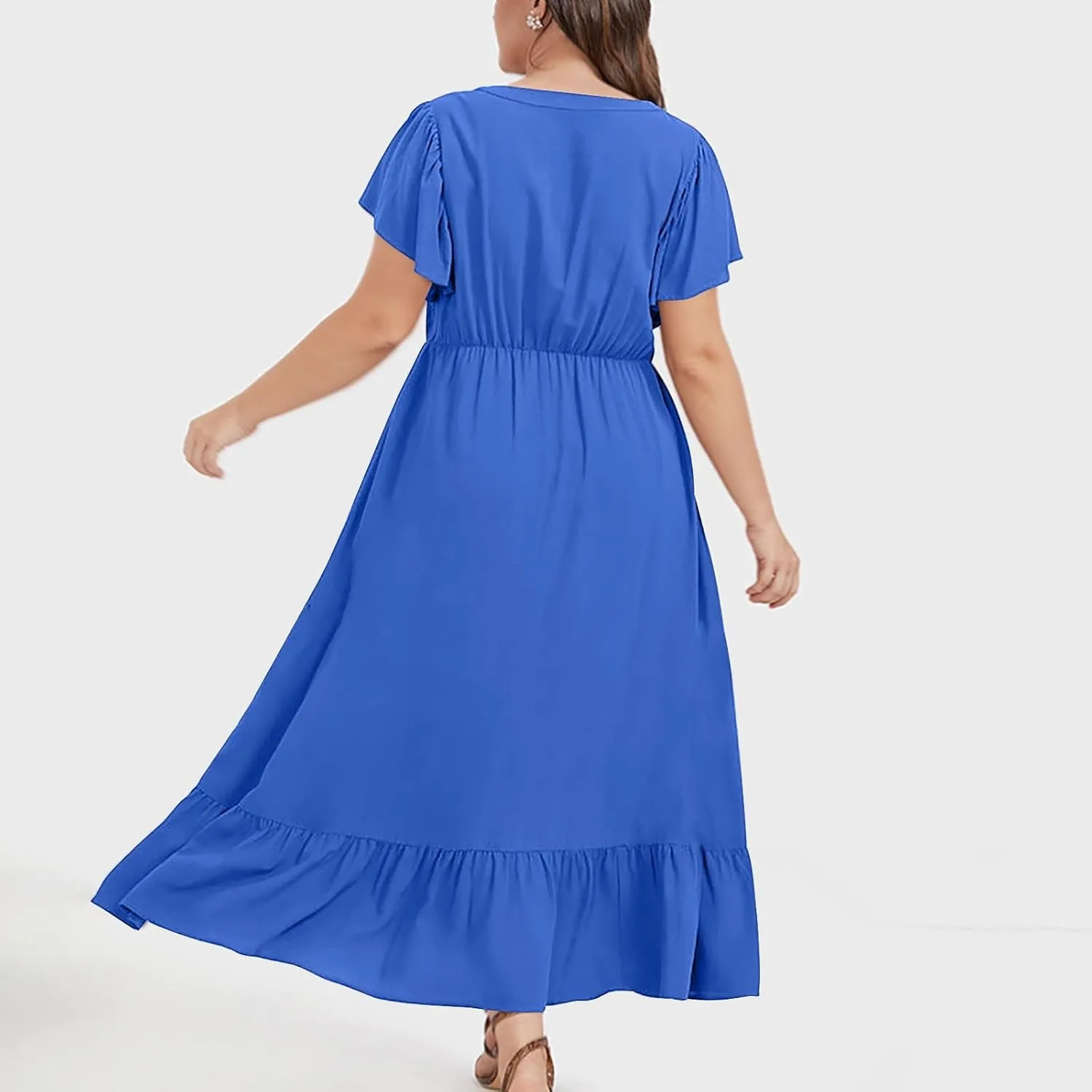 Plus Size Dresses for Curvy Women with Pockets Ruffle Sleeve Womens Midi Wedding Guest Flowy A Line Dress Summer