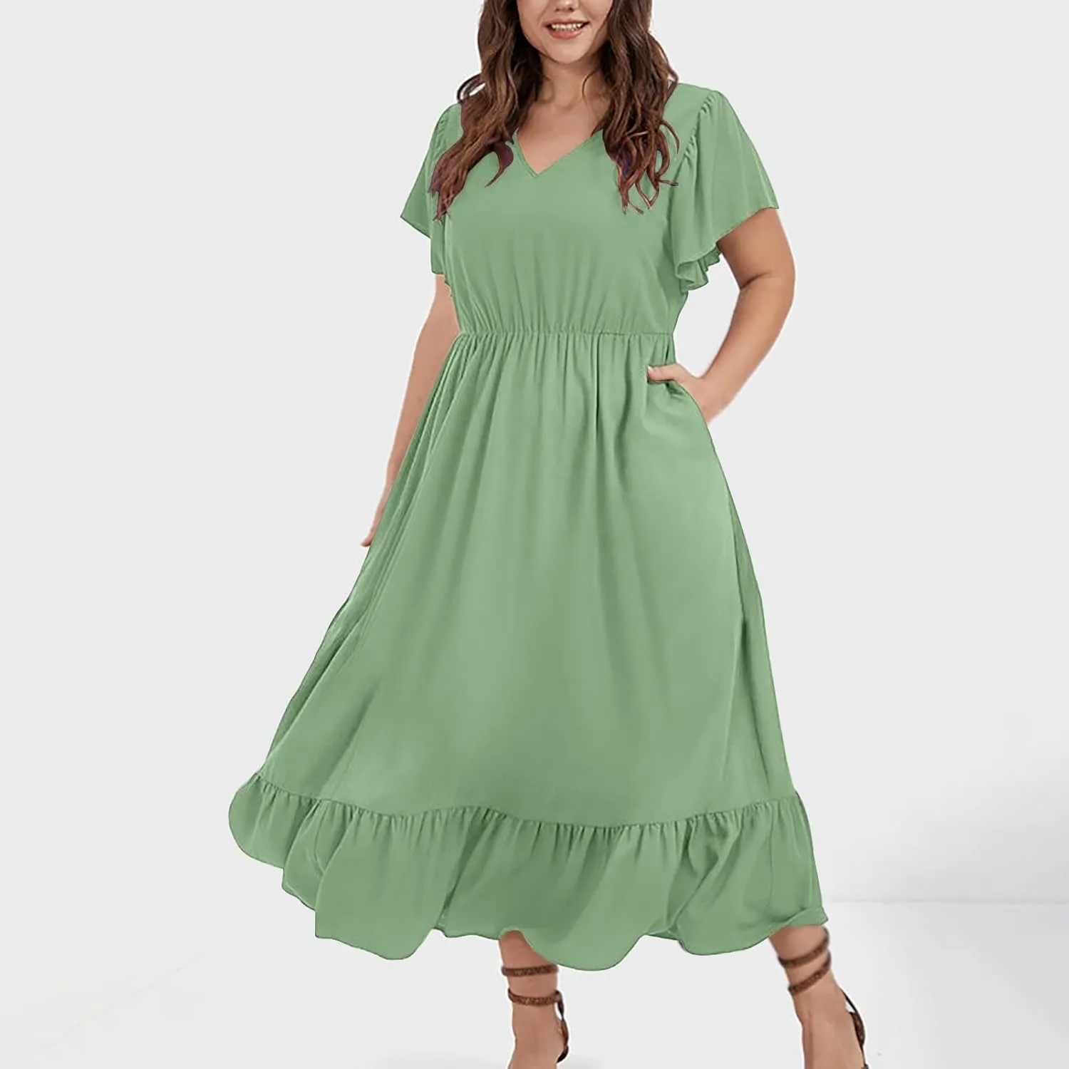 Plus Size Dresses for Curvy Women with Pockets Ruffle Sleeve Womens Midi Wedding Guest Flowy A Line Dress Summer