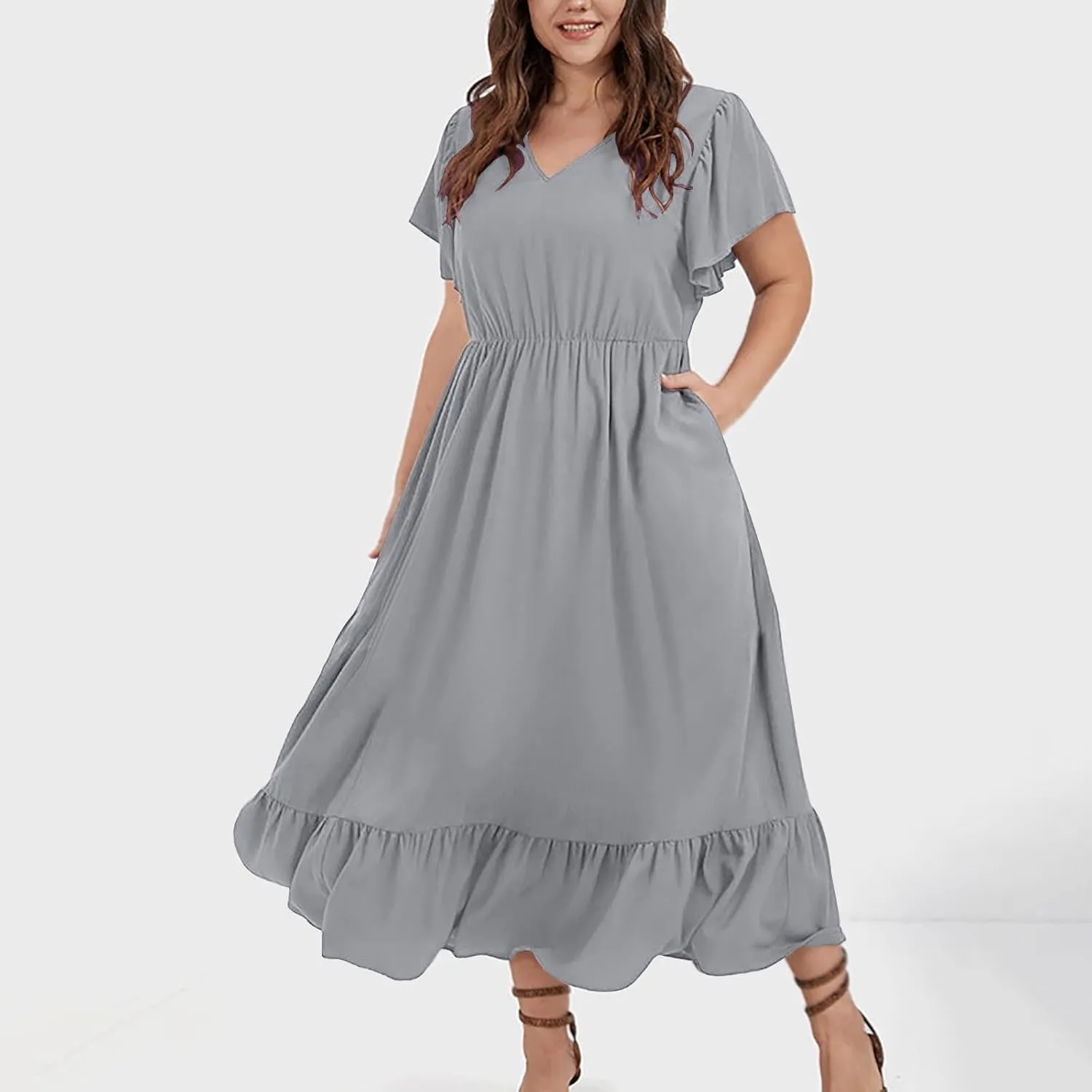 Plus Size Dresses for Curvy Women with Pockets Ruffle Sleeve Womens Midi Wedding Guest Flowy A Line Dress Summer