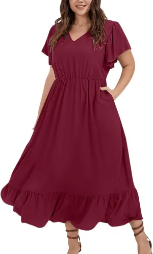 Plus Size Dresses for Curvy Women with Pockets Ruffle Sleeve Womens Midi Wedding Guest Flowy A Line Dress Summer