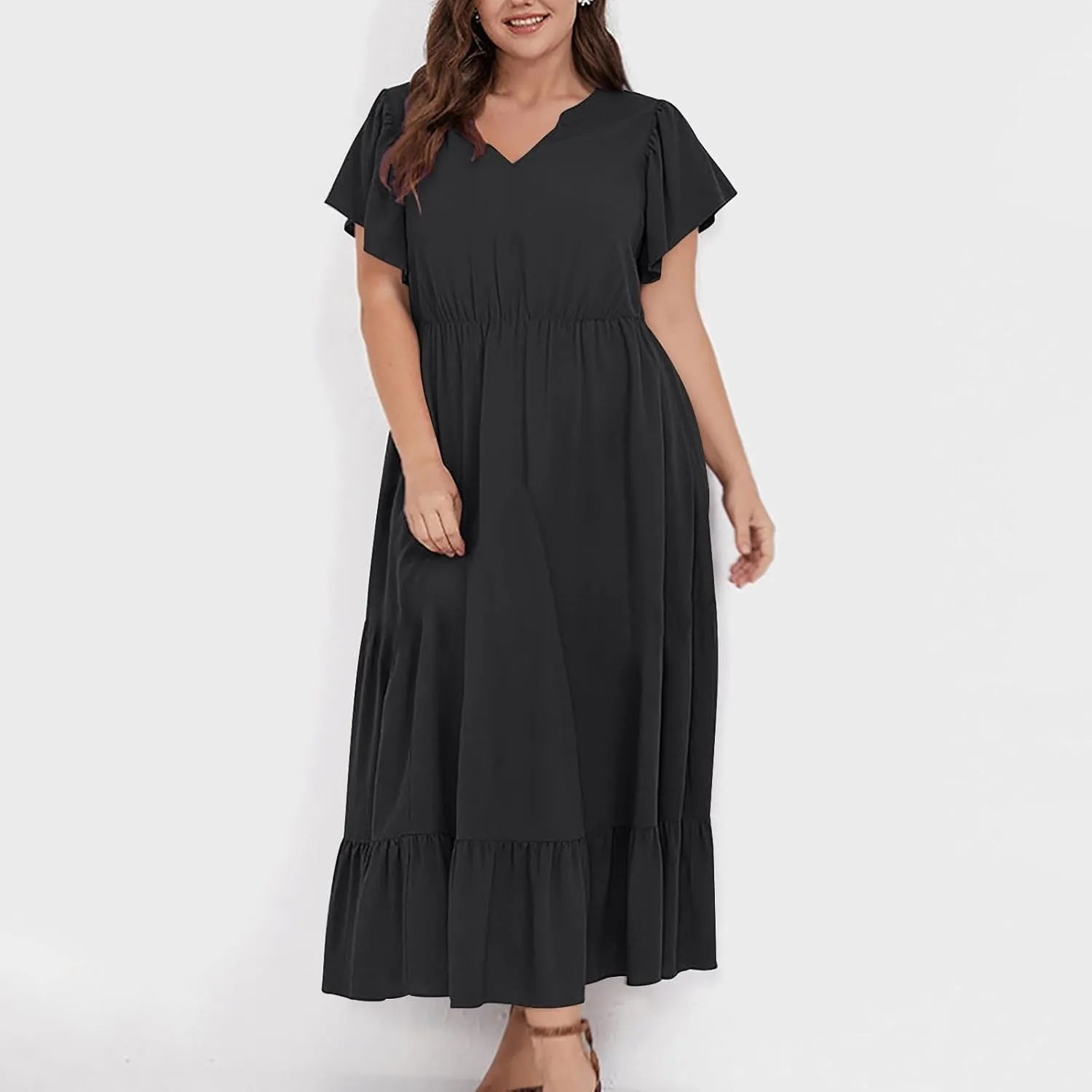 Plus Size Dresses for Curvy Women with Pockets Ruffle Sleeve Womens Midi Wedding Guest Flowy A Line Dress Summer