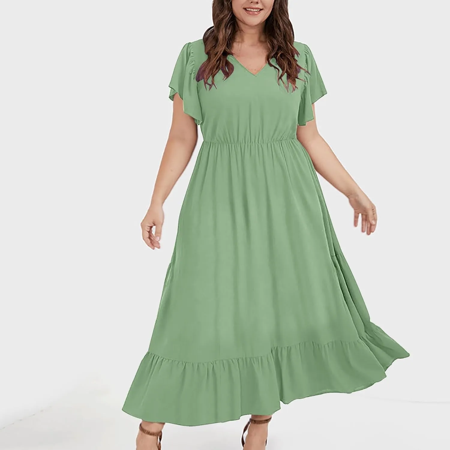 Plus Size Dresses for Curvy Women with Pockets Ruffle Sleeve Womens Midi Wedding Guest Flowy A Line Dress Summer