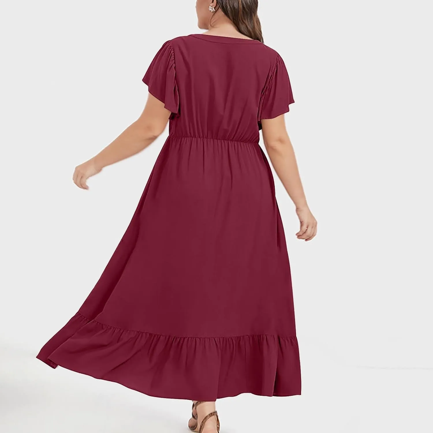 Plus Size Dresses for Curvy Women with Pockets Ruffle Sleeve Womens Midi Wedding Guest Flowy A Line Dress Summer