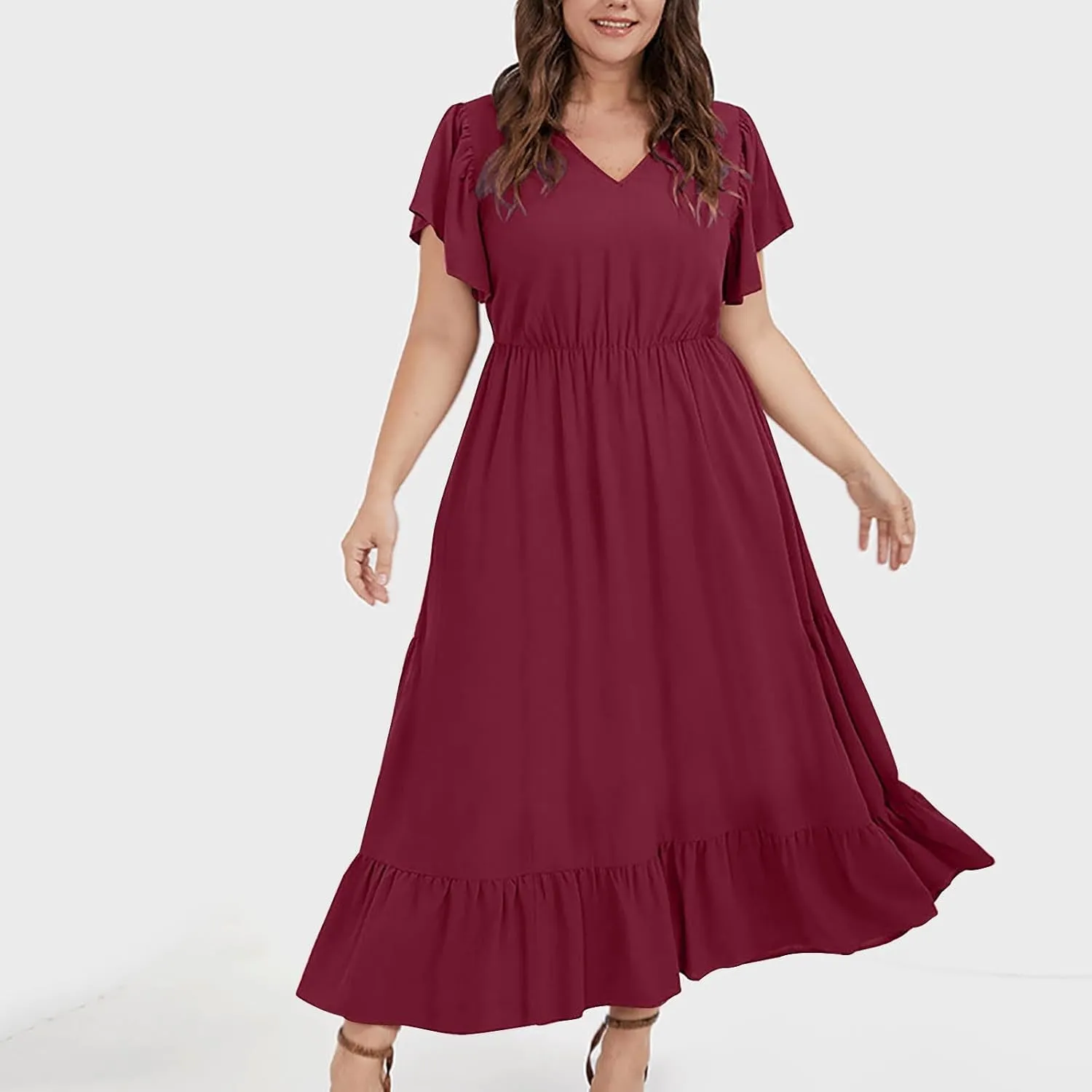 Plus Size Dresses for Curvy Women with Pockets Ruffle Sleeve Womens Midi Wedding Guest Flowy A Line Dress Summer