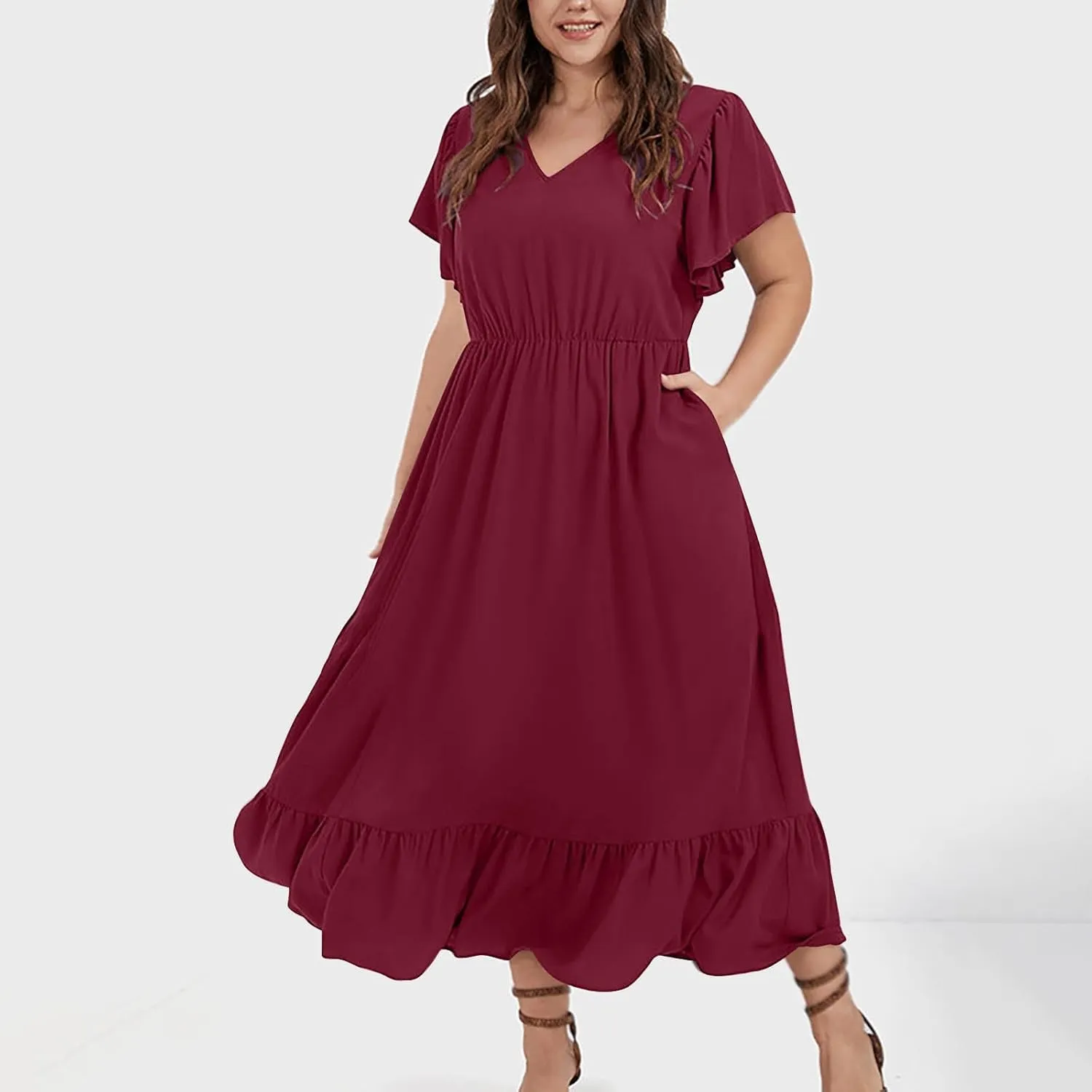 Plus Size Dresses for Curvy Women with Pockets Ruffle Sleeve Womens Midi Wedding Guest Flowy A Line Dress Summer