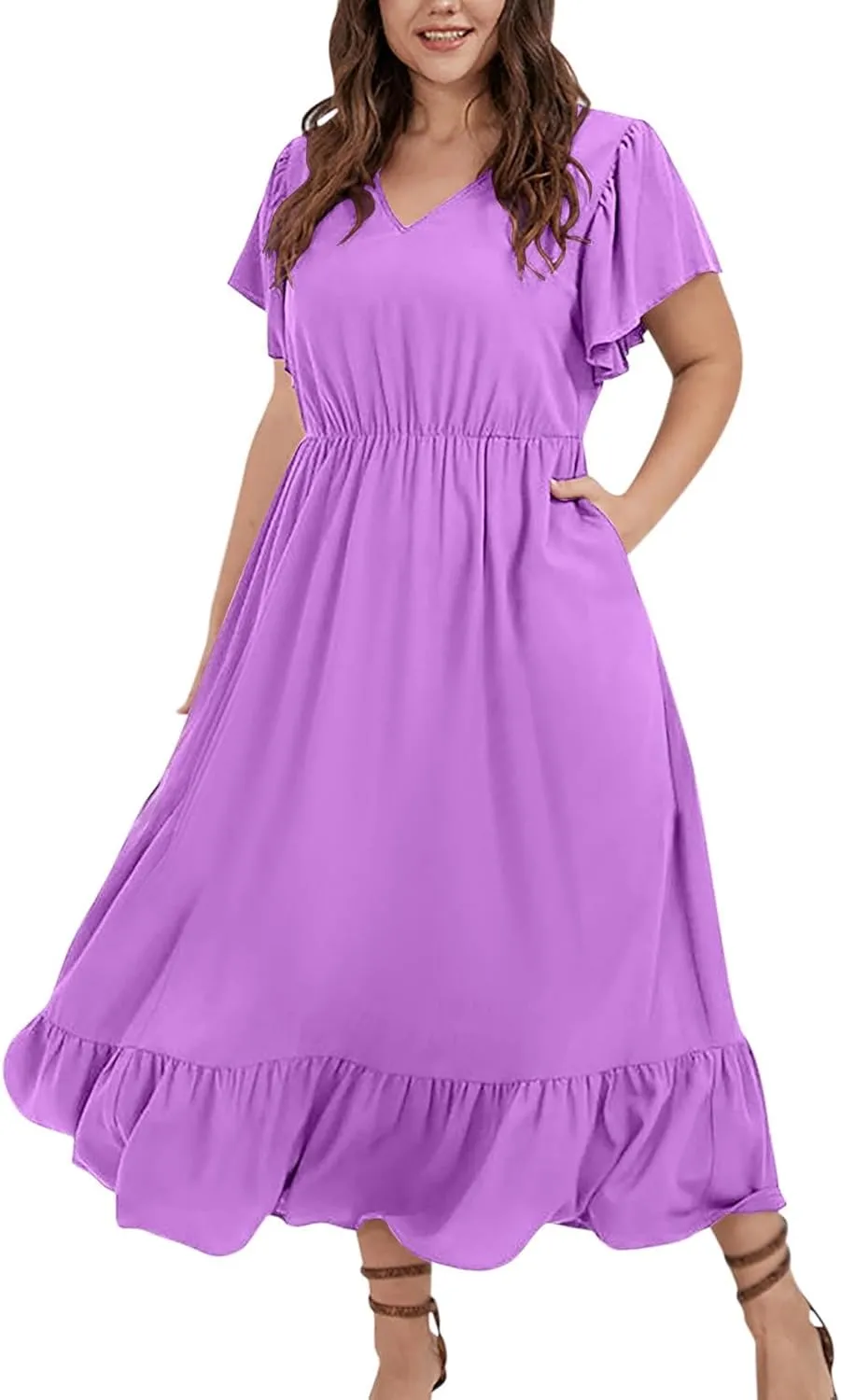 Plus Size Dresses for Curvy Women with Pockets Ruffle Sleeve Womens Midi Wedding Guest Flowy A Line Dress Summer