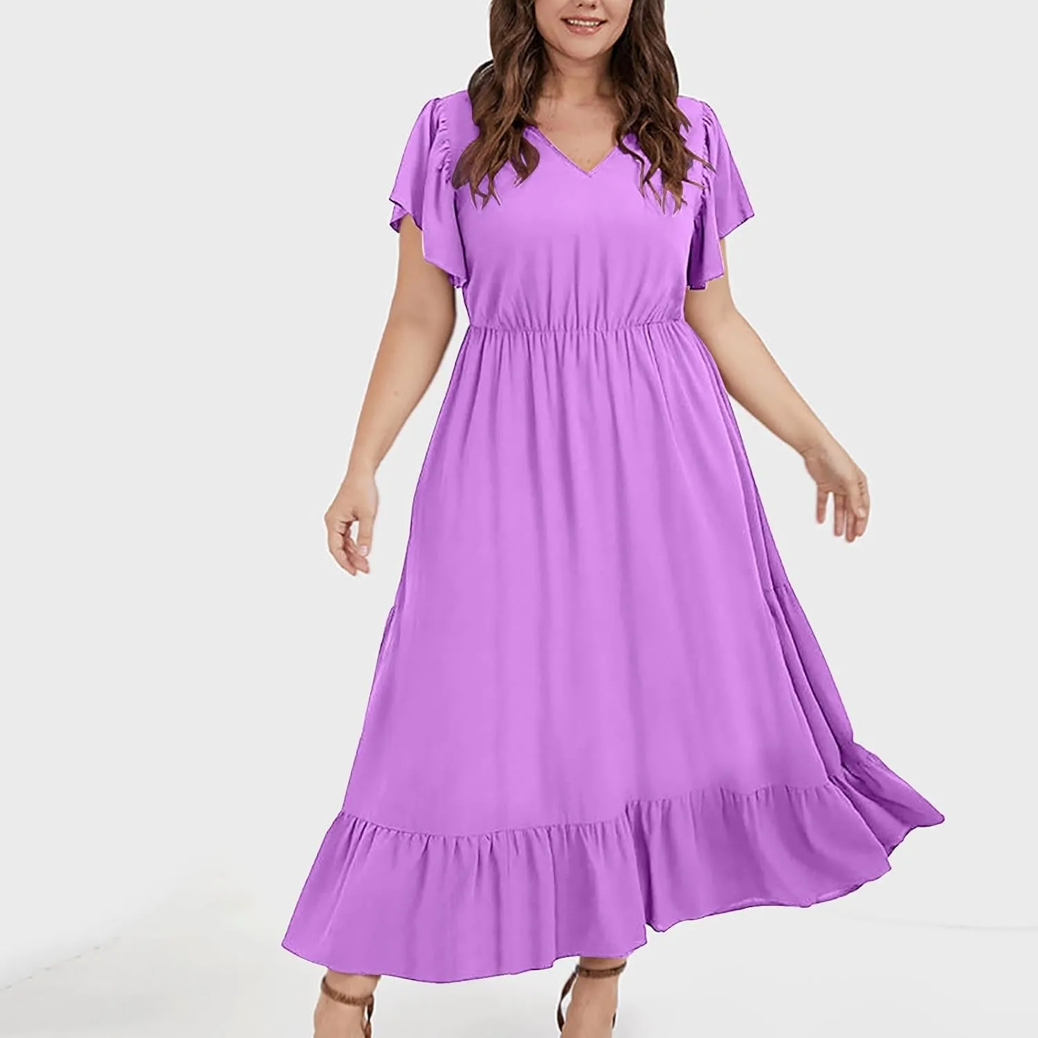 Plus Size Dresses for Curvy Women with Pockets Ruffle Sleeve Womens Midi Wedding Guest Flowy A Line Dress Summer