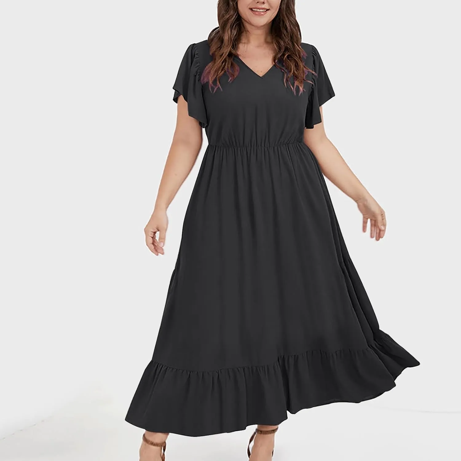 Plus Size Dresses for Curvy Women with Pockets Ruffle Sleeve Womens Midi Wedding Guest Flowy A Line Dress Summer