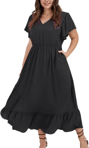 Plus Size Dresses for Curvy Women with Pockets Ruffle Sleeve Womens Midi Wedding Guest Flowy A Line Dress Summer