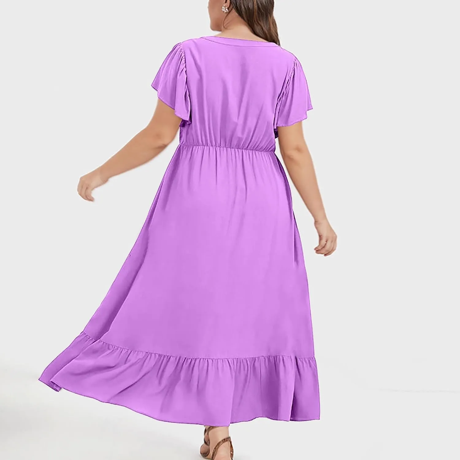 Plus Size Dresses for Curvy Women with Pockets Ruffle Sleeve Womens Midi Wedding Guest Flowy A Line Dress Summer