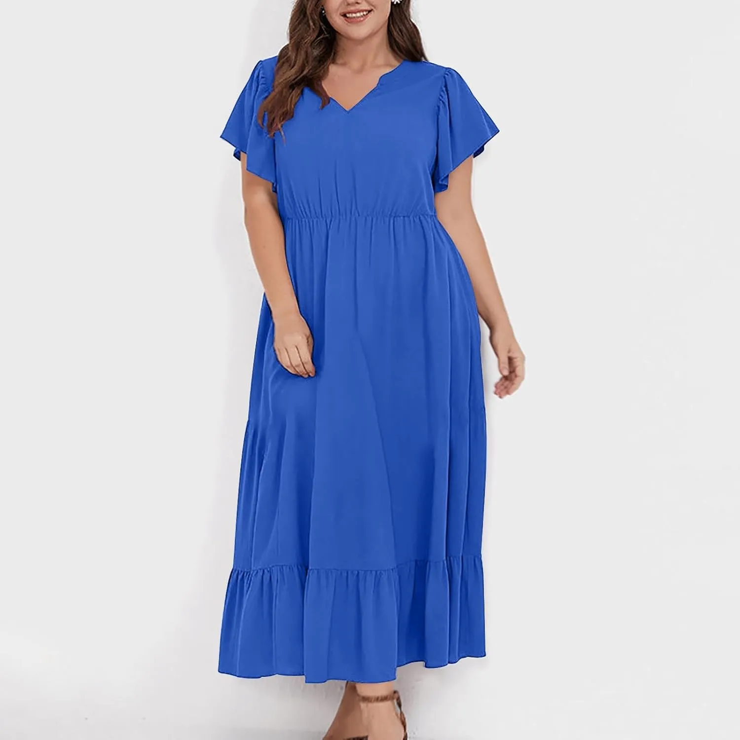Plus Size Dresses for Curvy Women with Pockets Ruffle Sleeve Womens Midi Wedding Guest Flowy A Line Dress Summer