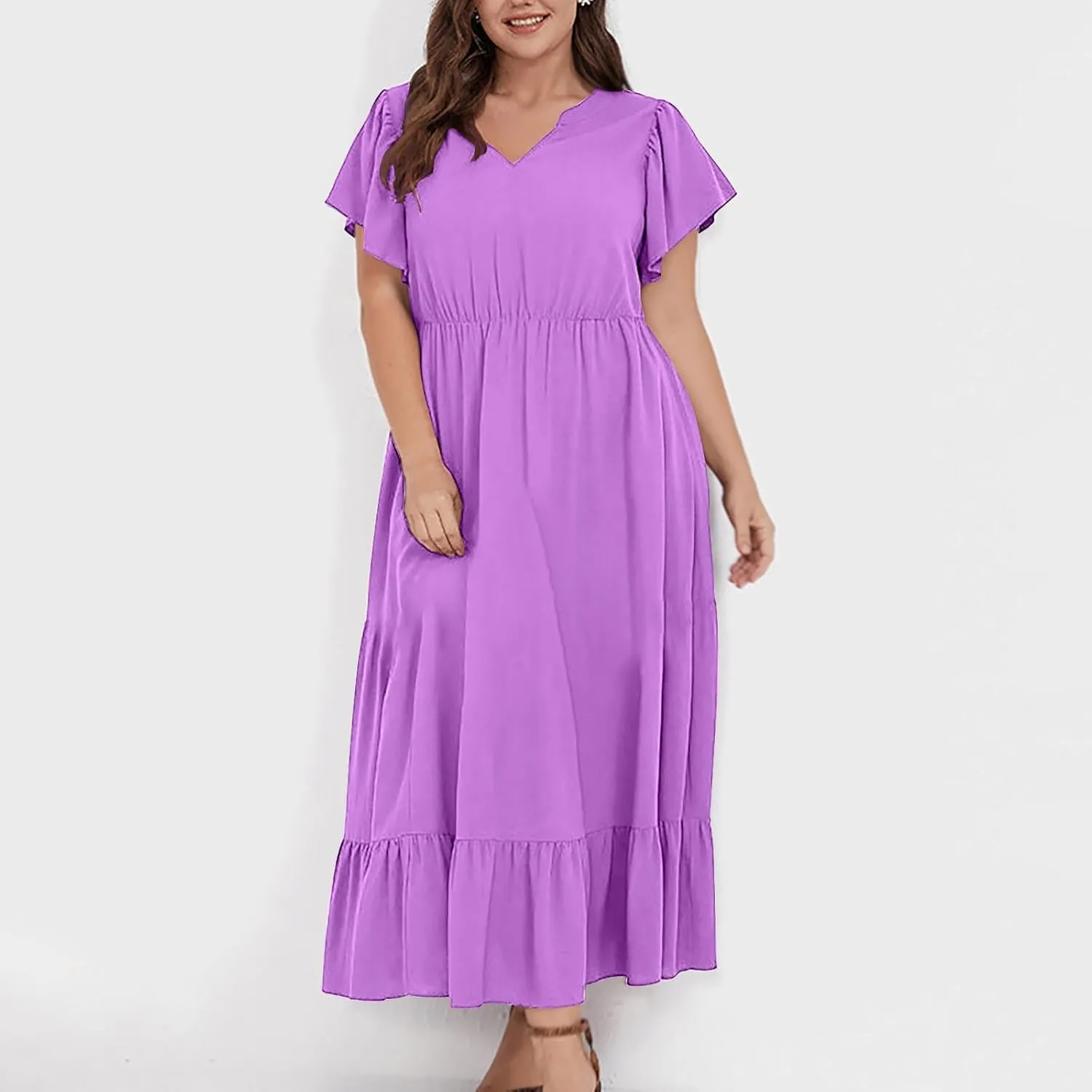 Plus Size Dresses for Curvy Women with Pockets Ruffle Sleeve Womens Midi Wedding Guest Flowy A Line Dress Summer