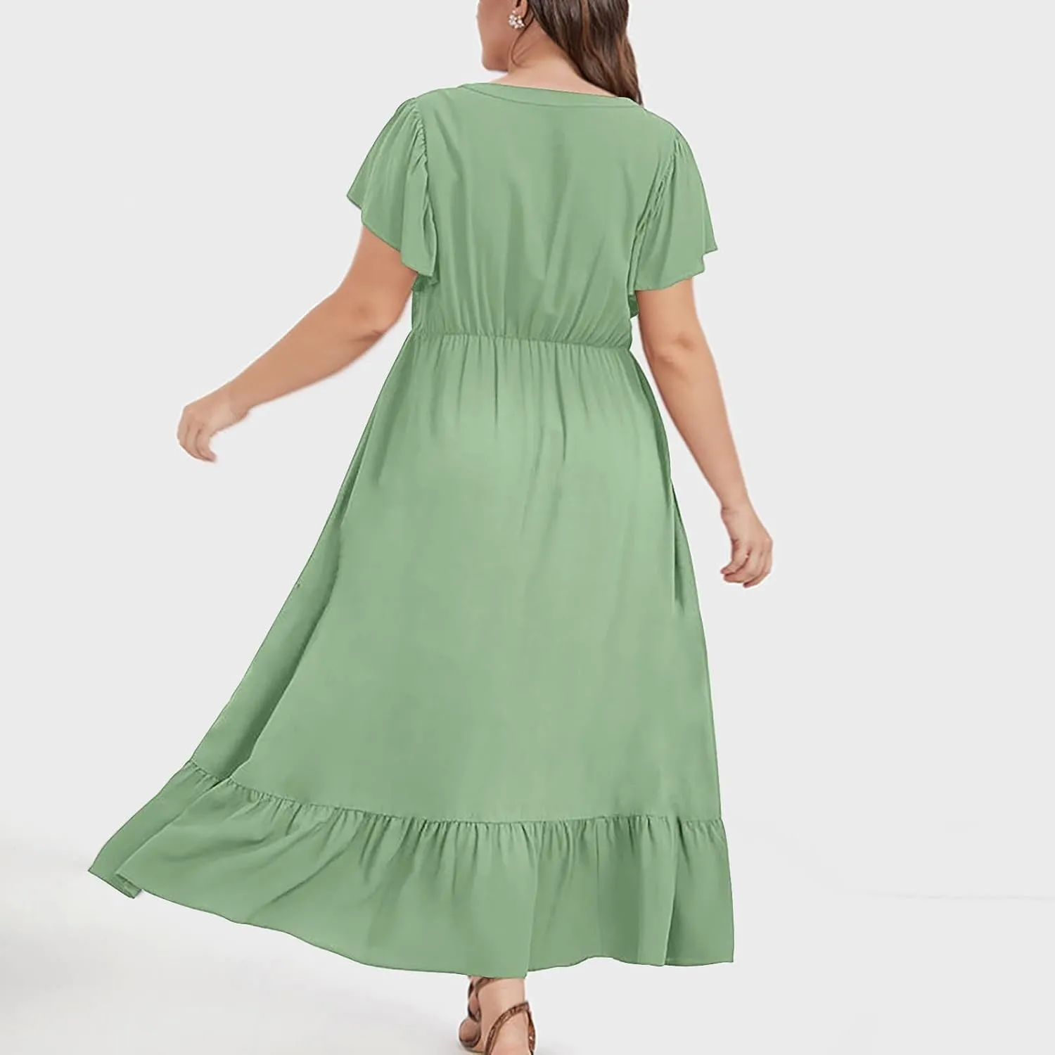 Plus Size Dresses for Curvy Women with Pockets Ruffle Sleeve Womens Midi Wedding Guest Flowy A Line Dress Summer