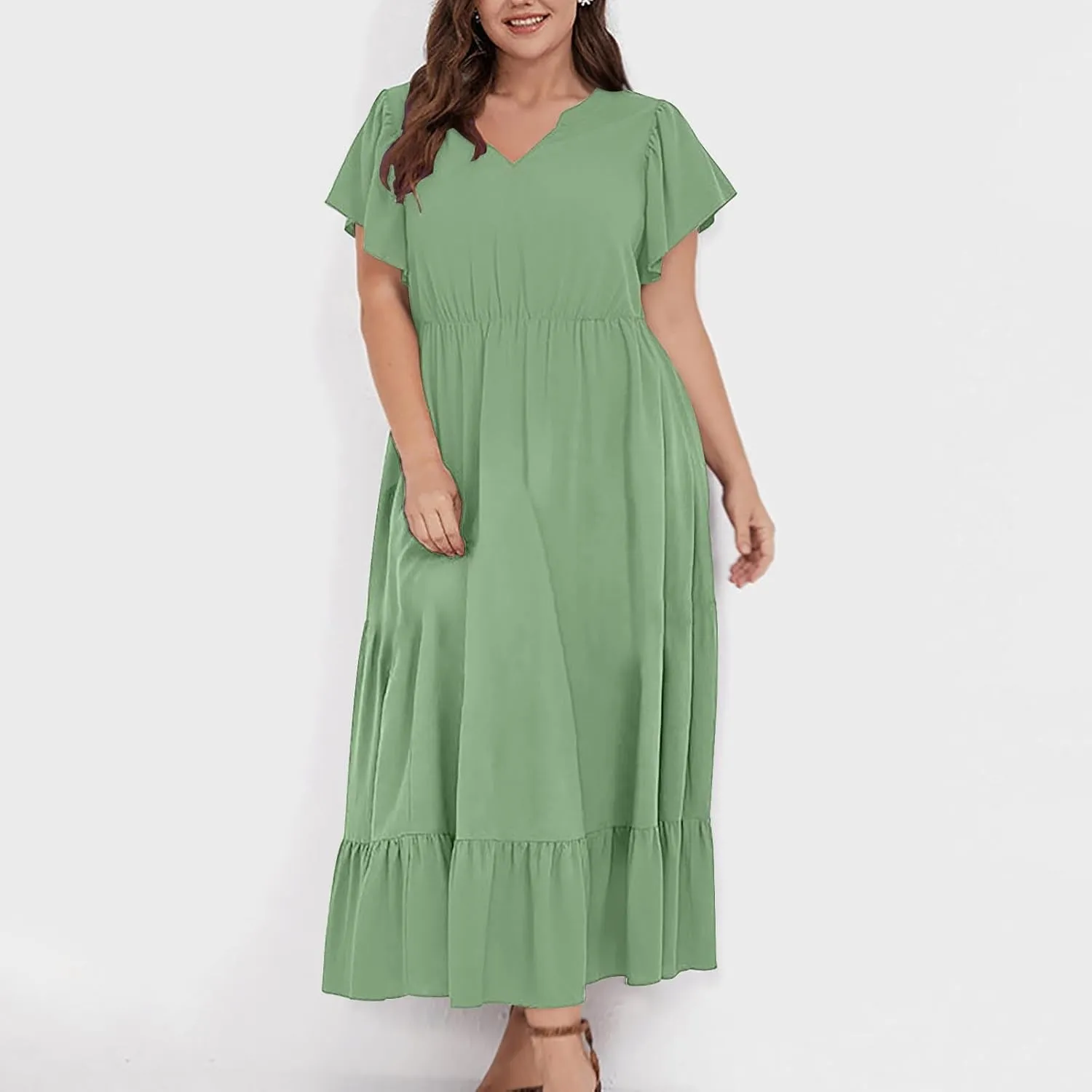 Plus Size Dresses for Curvy Women with Pockets Ruffle Sleeve Womens Midi Wedding Guest Flowy A Line Dress Summer