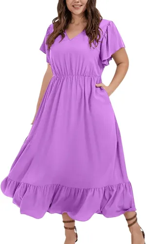 Plus Size Dresses for Curvy Women with Pockets Ruffle Sleeve Womens Midi Wedding Guest Flowy A Line Dress Summer