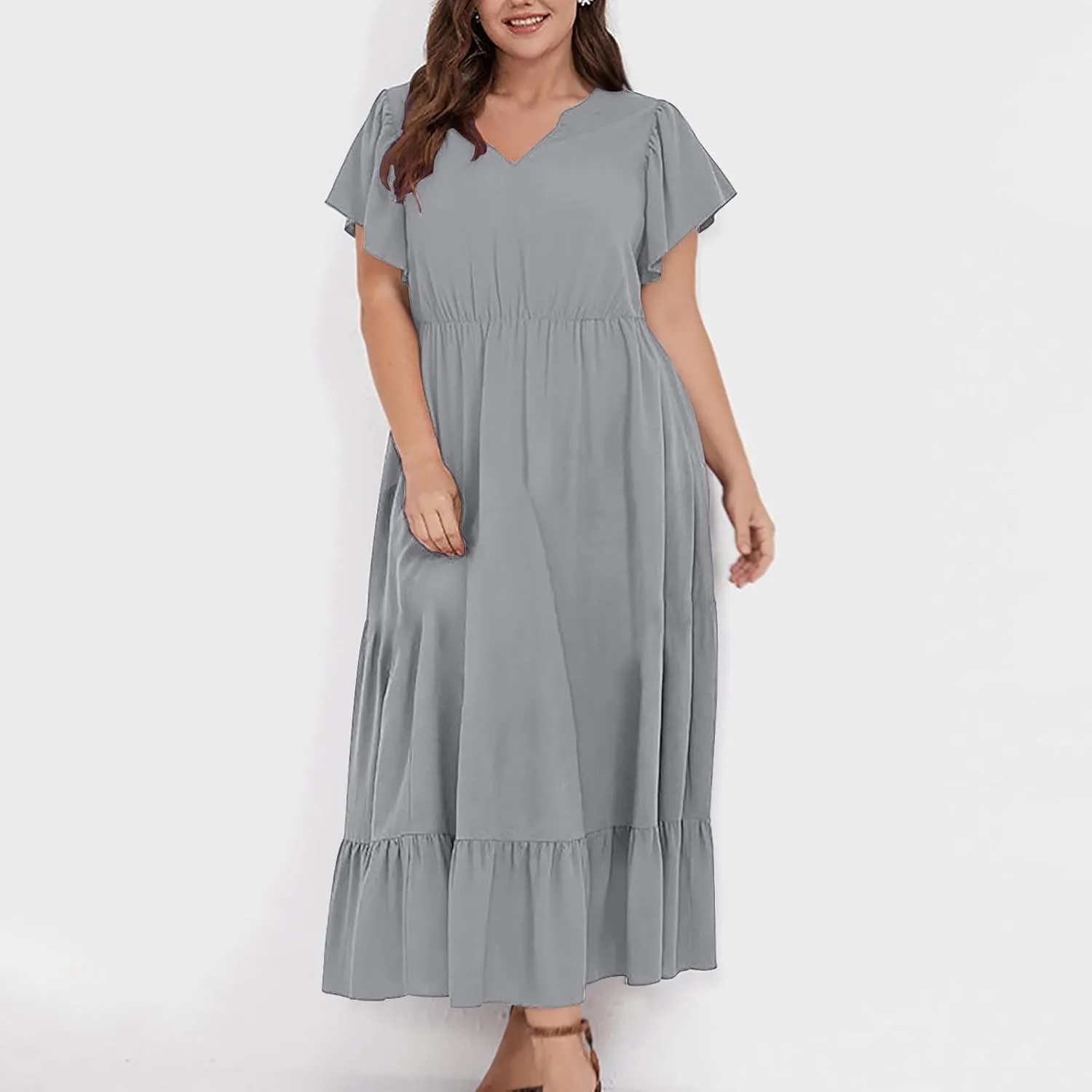 Plus Size Dresses for Curvy Women with Pockets Ruffle Sleeve Womens Midi Wedding Guest Flowy A Line Dress Summer