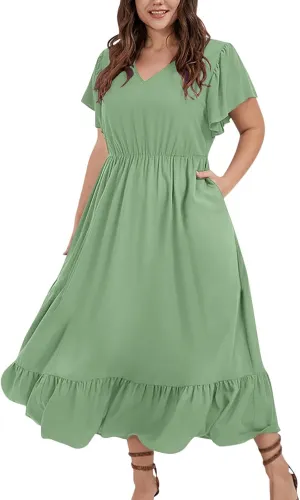 Plus Size Dresses for Curvy Women with Pockets Ruffle Sleeve Womens Midi Wedding Guest Flowy A Line Dress Summer