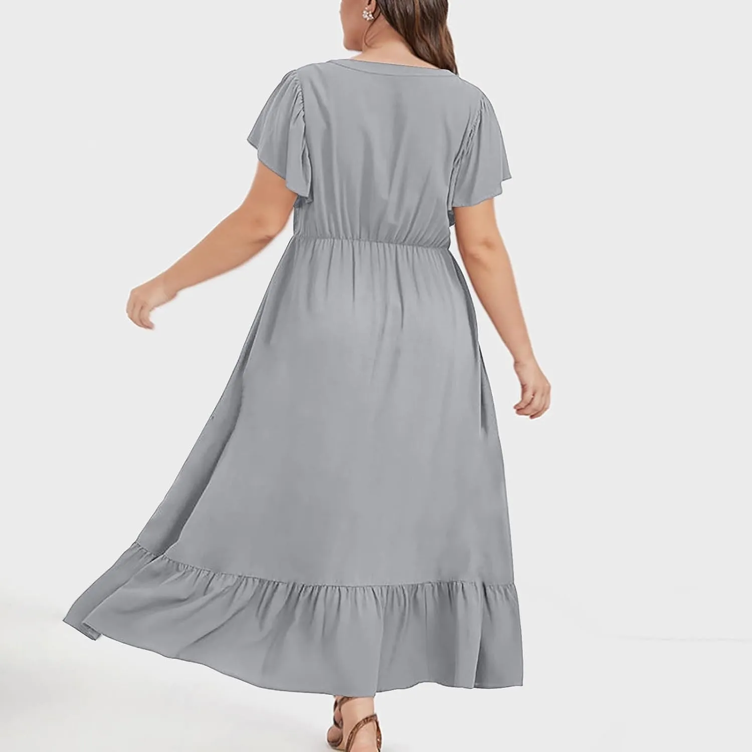 Plus Size Dresses for Curvy Women with Pockets Ruffle Sleeve Womens Midi Wedding Guest Flowy A Line Dress Summer
