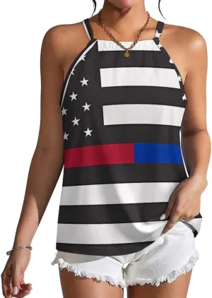 POLICE & FIRE U.S. Flag Women's Tank Top Sleeveless Spaghetti Straps Tie Back Print T-shirt Tops