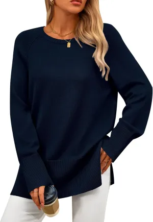 PRETTYGARDEN Women's Knit Spring Sweaters Long Sleeve Pullover Crewneck Split Hem Loose Oversized Tunic Fall Sweater Top