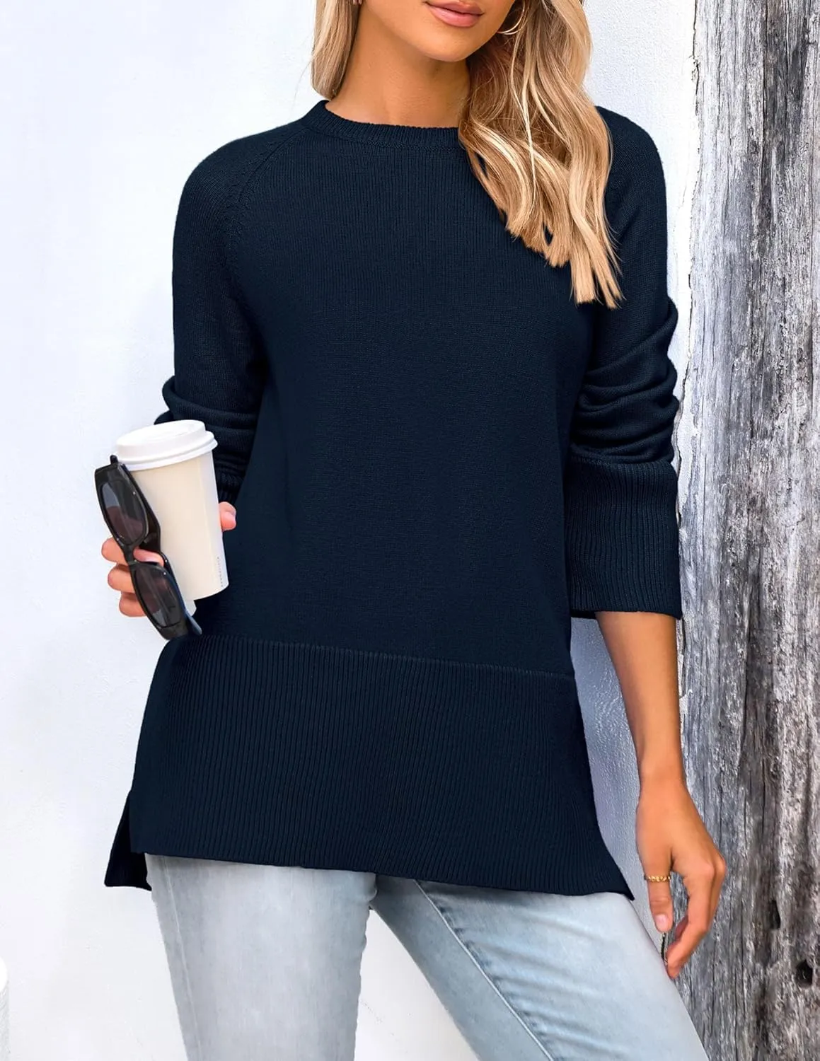 PRETTYGARDEN Women's Knit Spring Sweaters Long Sleeve Pullover Crewneck Split Hem Loose Oversized Tunic Fall Sweater Top