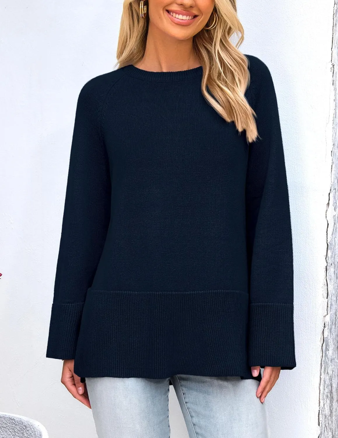 PRETTYGARDEN Women's Knit Spring Sweaters Long Sleeve Pullover Crewneck Split Hem Loose Oversized Tunic Fall Sweater Top