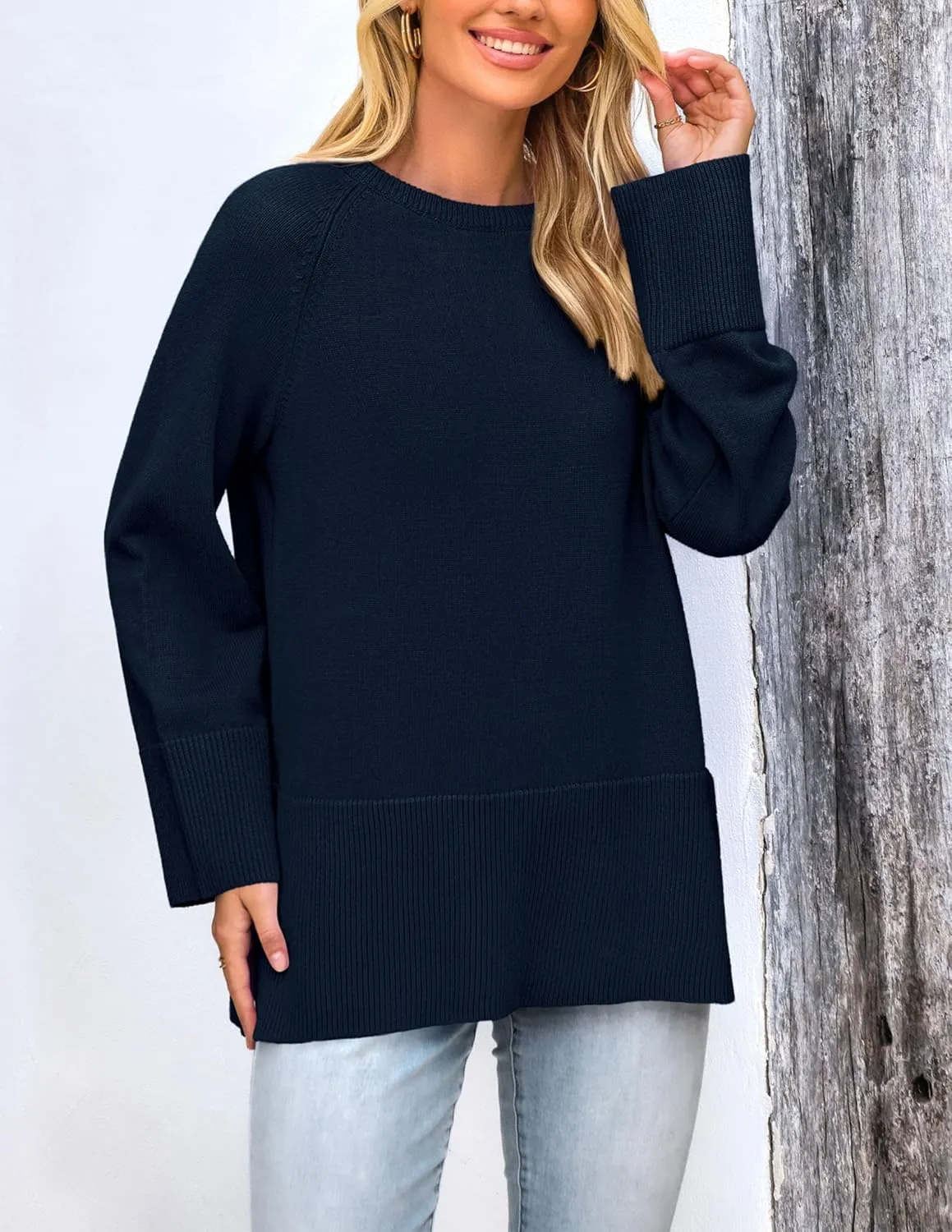 PRETTYGARDEN Women's Knit Spring Sweaters Long Sleeve Pullover Crewneck Split Hem Loose Oversized Tunic Fall Sweater Top