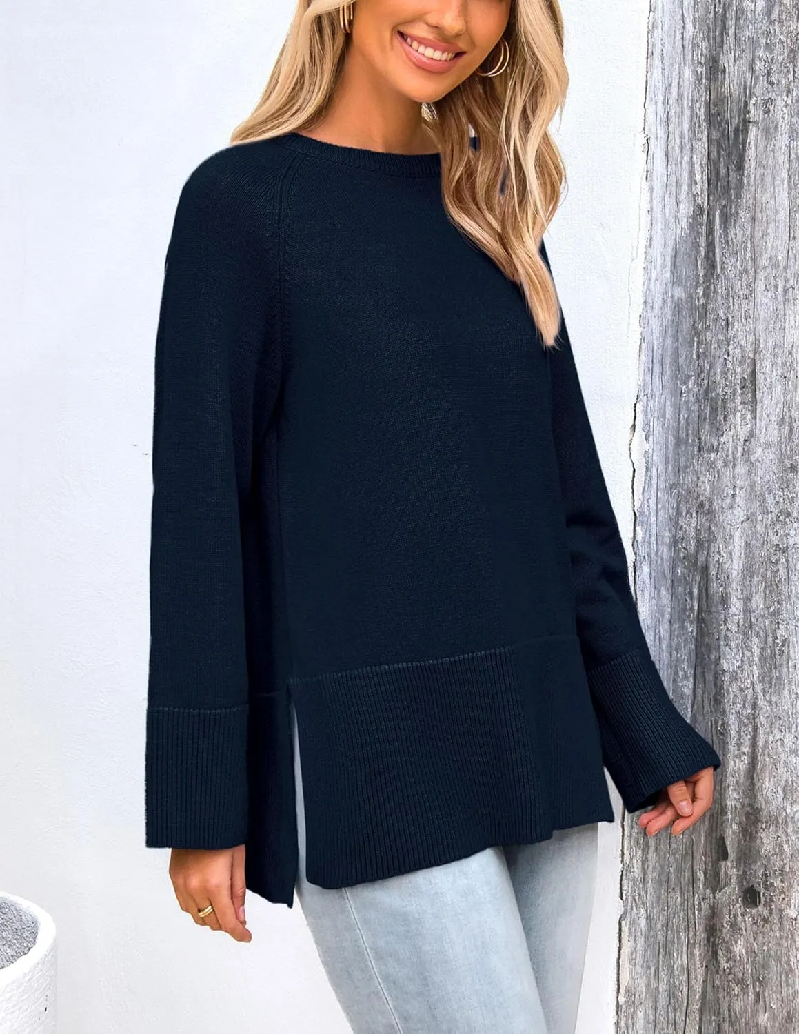 PRETTYGARDEN Women's Knit Spring Sweaters Long Sleeve Pullover Crewneck Split Hem Loose Oversized Tunic Fall Sweater Top