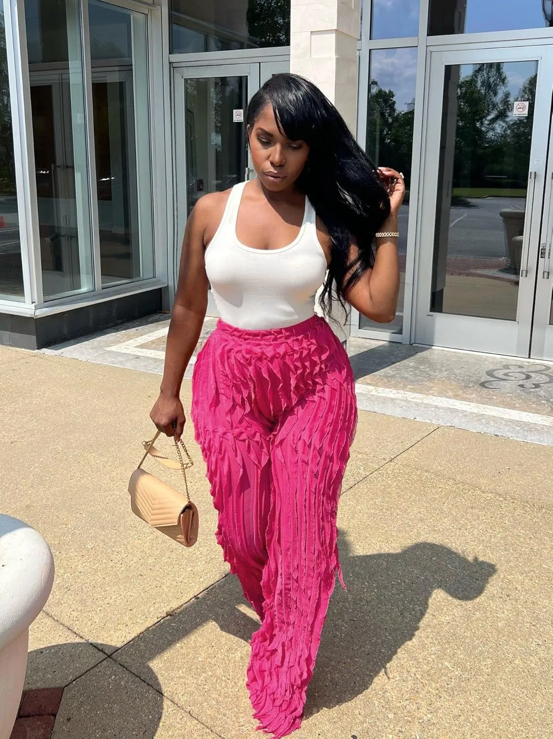 PRIVIMIX Women High Waist Sexy See Through Ruffle Wide Leg Palazzo Pants Stretchy Tassel Long Sheer Mesh Trousers