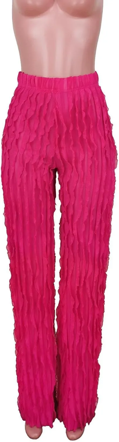 PRIVIMIX Women High Waist Sexy See Through Ruffle Wide Leg Palazzo Pants Stretchy Tassel Long Sheer Mesh Trousers